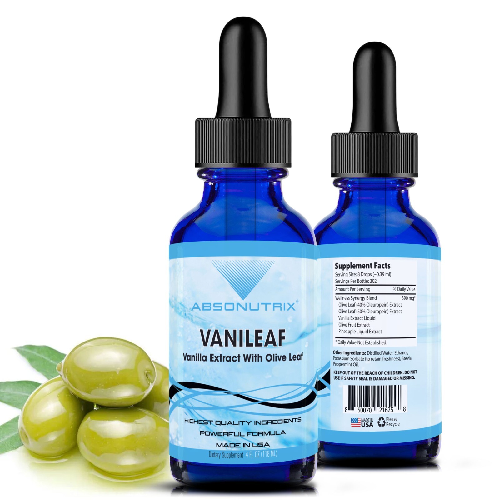 Absonutrix VaniLeaf, 390 mg, 4 FL OZ Liquid, 302 Servings, Made in USA