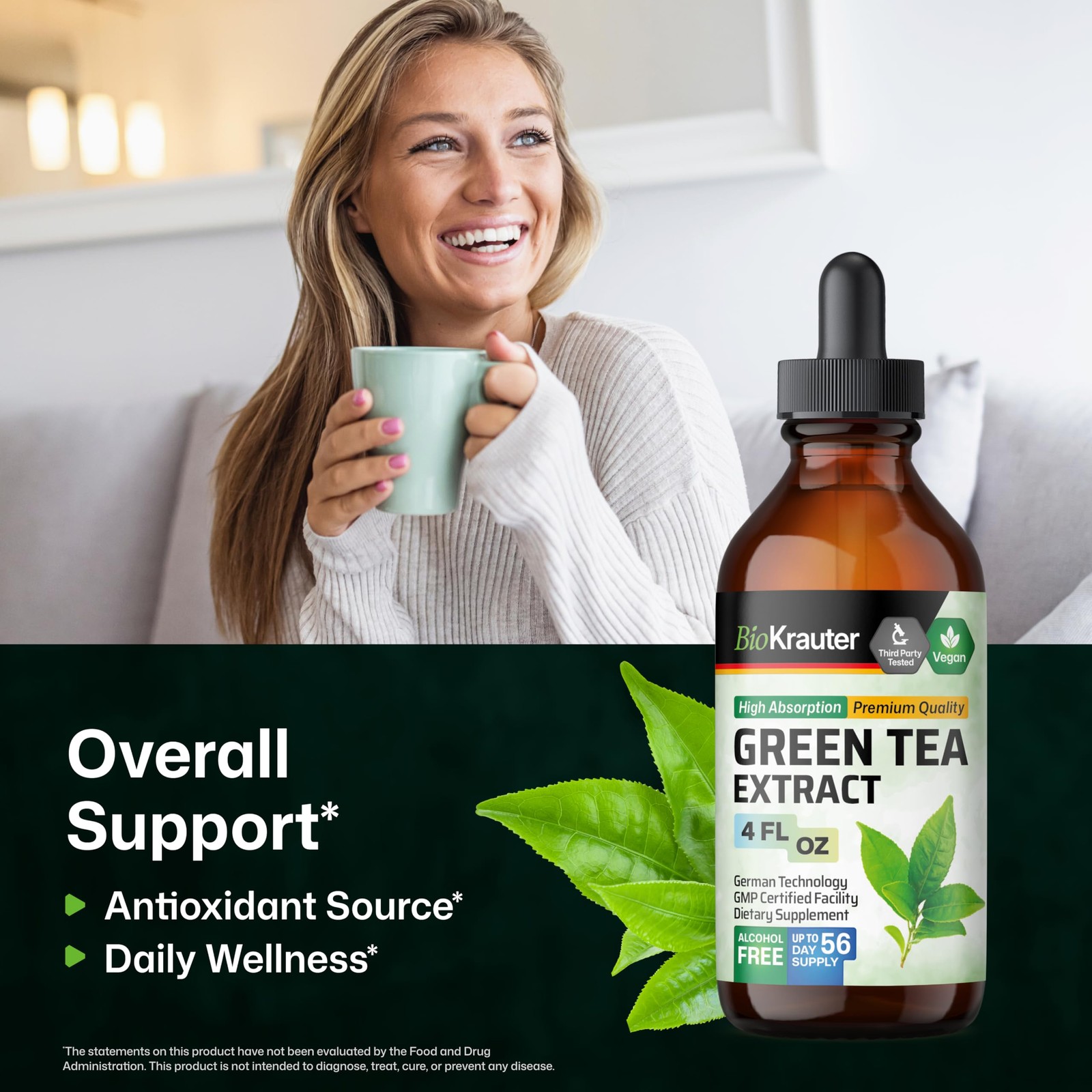 BIO KRAUTER® Green Tea Extract – Liquid Pure Vegan 4 Fl Oz (Pack of 1)