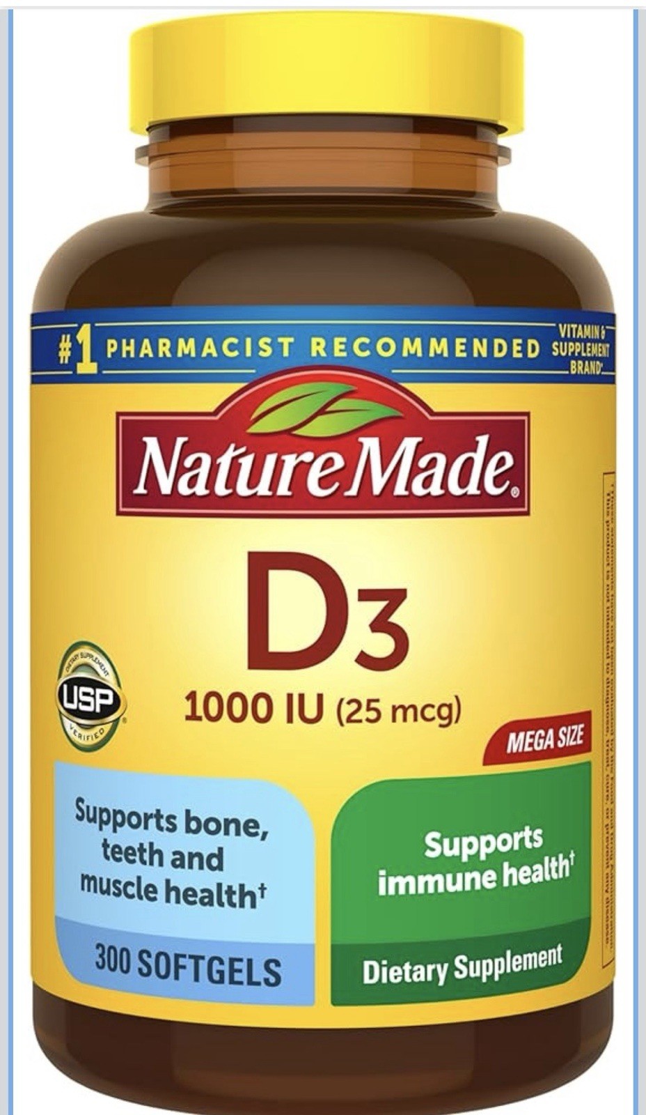 Nature Made Vitamin D3 1000 IU (25 mcg) 300 Softgels Gluten Free