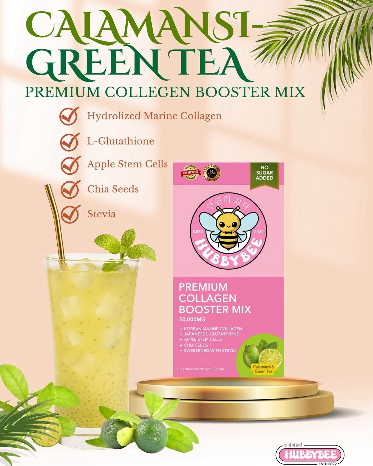 HUBBYBEE Collagen Booster Mix Calamansi Green Tea – Marine Collagen, Halal, FDA