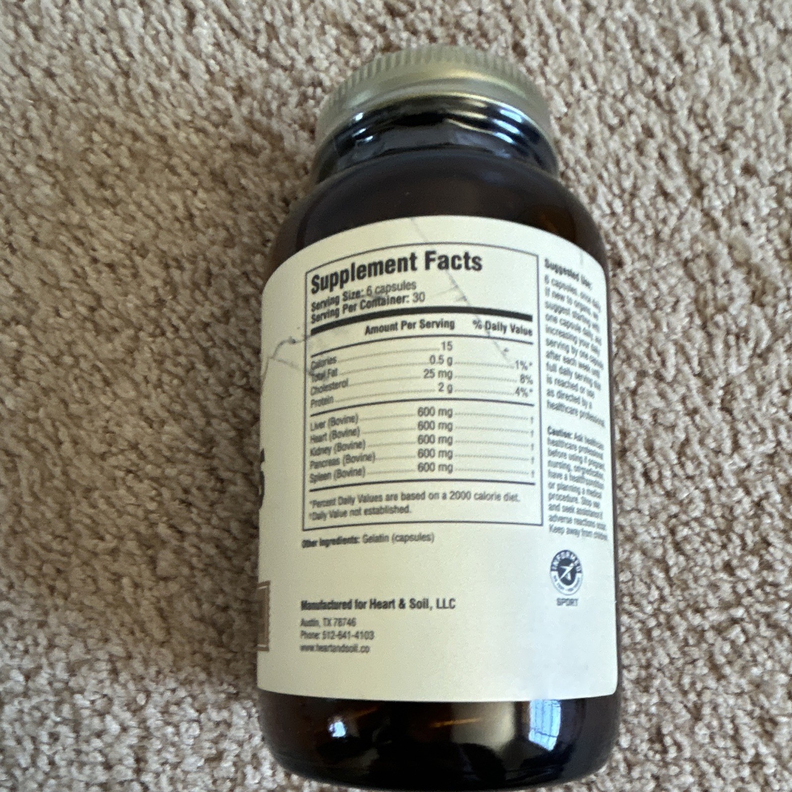 Heart & Soil Beef Organs Grass Fed Capsules 180 ct 600 mg Exp 12/2028