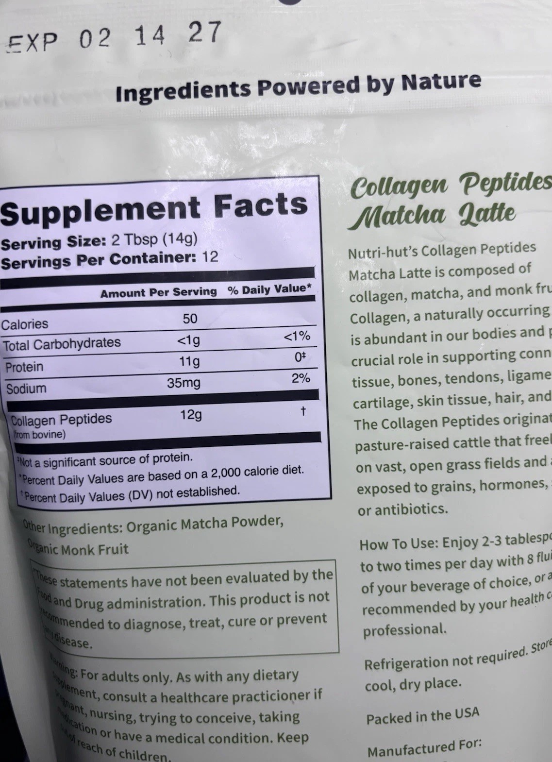 2 X Nutri-hut COLLAGEN PEPTIDES MATCHA LATTE DAIRY FREE NON-GMO 6 OZ
