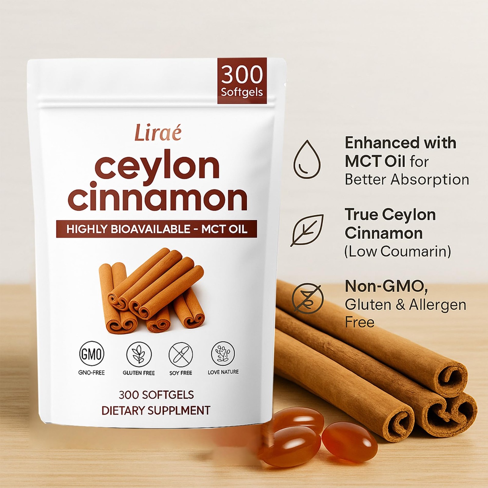 Ceylon Cinnamon 300 Softgels with MCT Oil True Ceylon Cinnamon Suppl (Pack of 1)