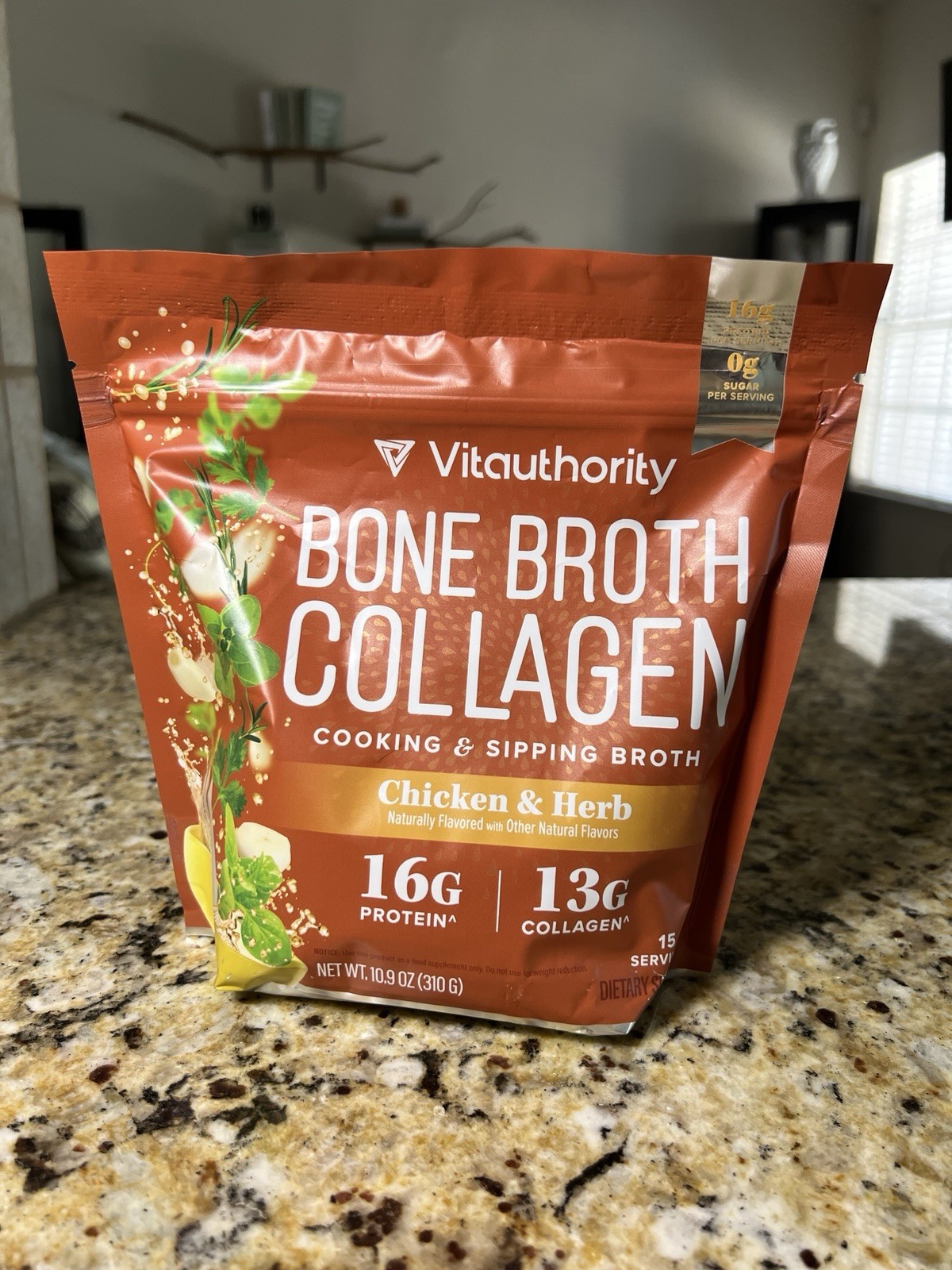 Vitauthority Bone Broth Collagen Powder – Chicken & Herb, 16g Protein, 10.9 oz