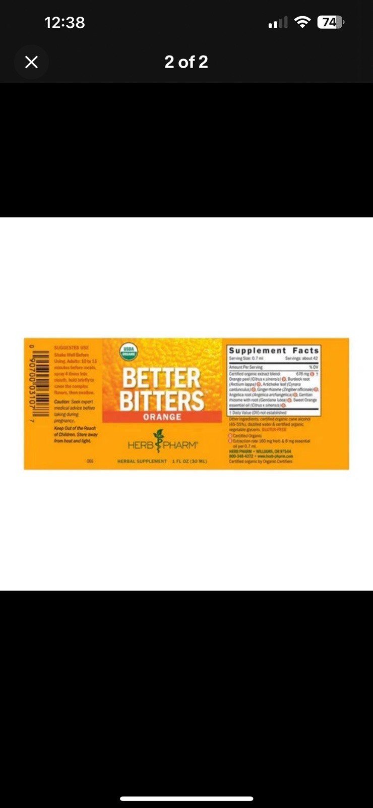 Herb Pharm Better Bitters Orange Digestive Bitters Spray USDA Organic 1 fl oz