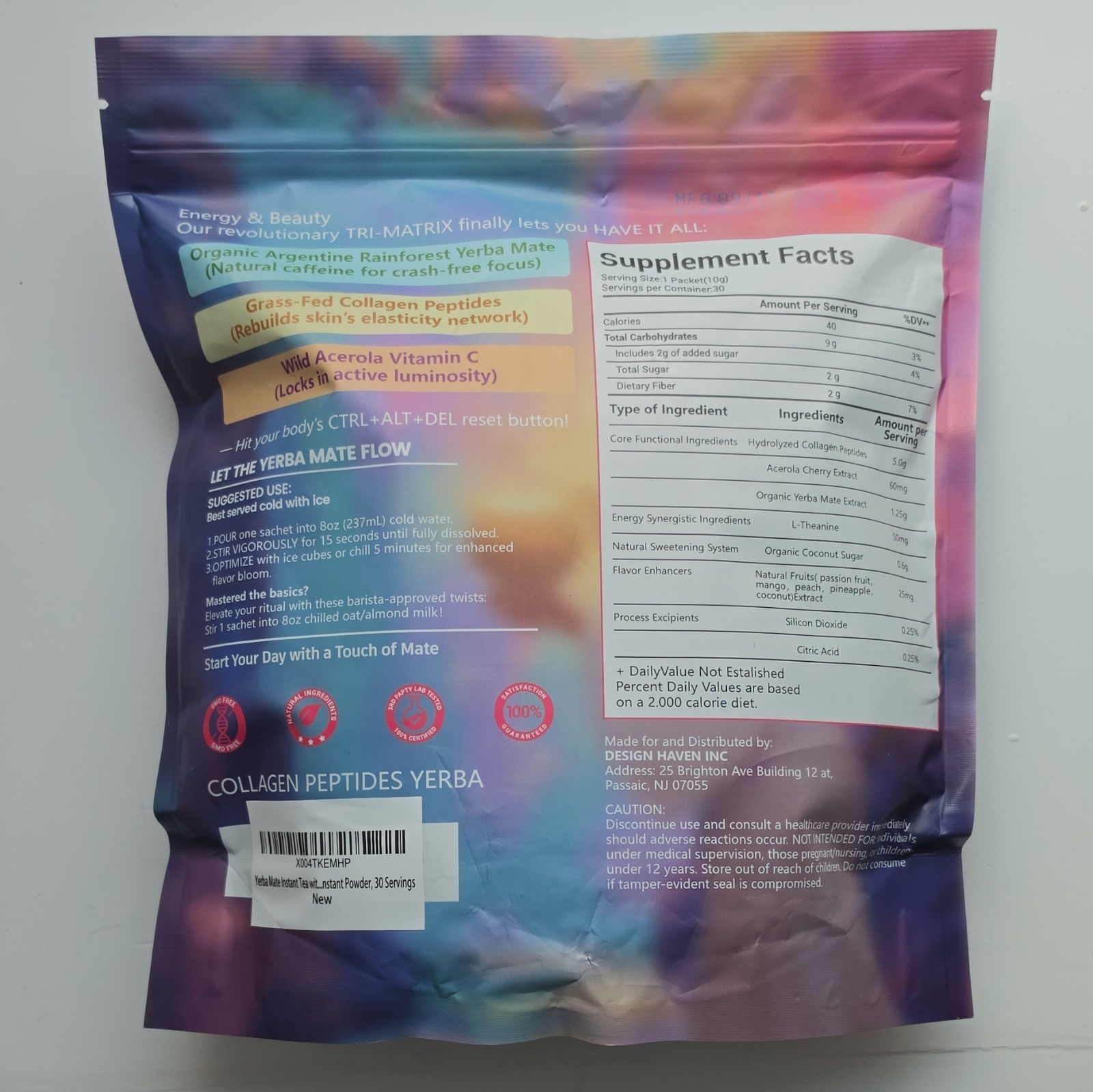 Design Haven Collagen Peptides Yerba Mate Beauty Energy Powder 30x10g