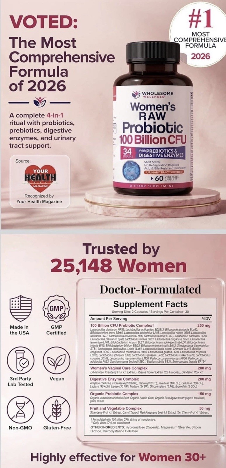 Wholesome Wellness Women’s Raw Probiotic 100B CFU Digestive/UT 60 Caps
