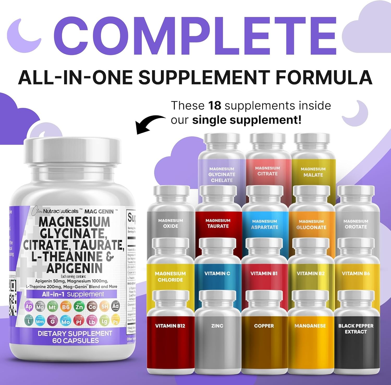 Magnesium Glycinate Complex 1000mg L-Theanine Sleep Support 60 Capsules