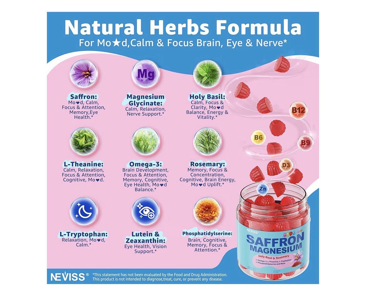 2 Pack Neviss Saffron Magnesium Glycinate For Kids 4+ Focus Calm Happy Mood