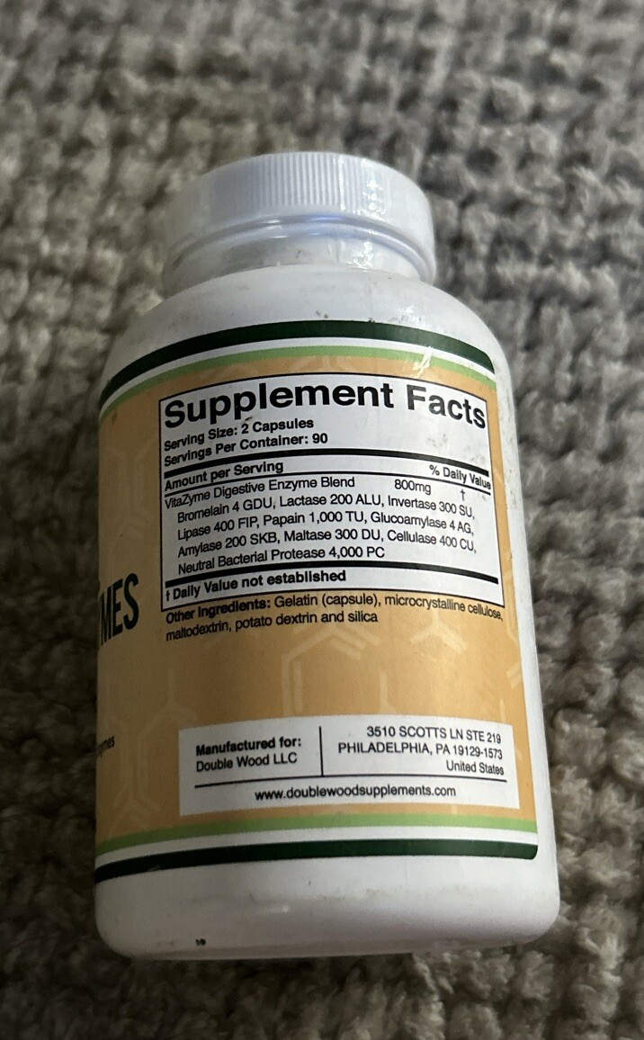 2 Double Wood Supplements Essential Digestive Enzymes, 800 mg, 180 Caps, Ex 3/26