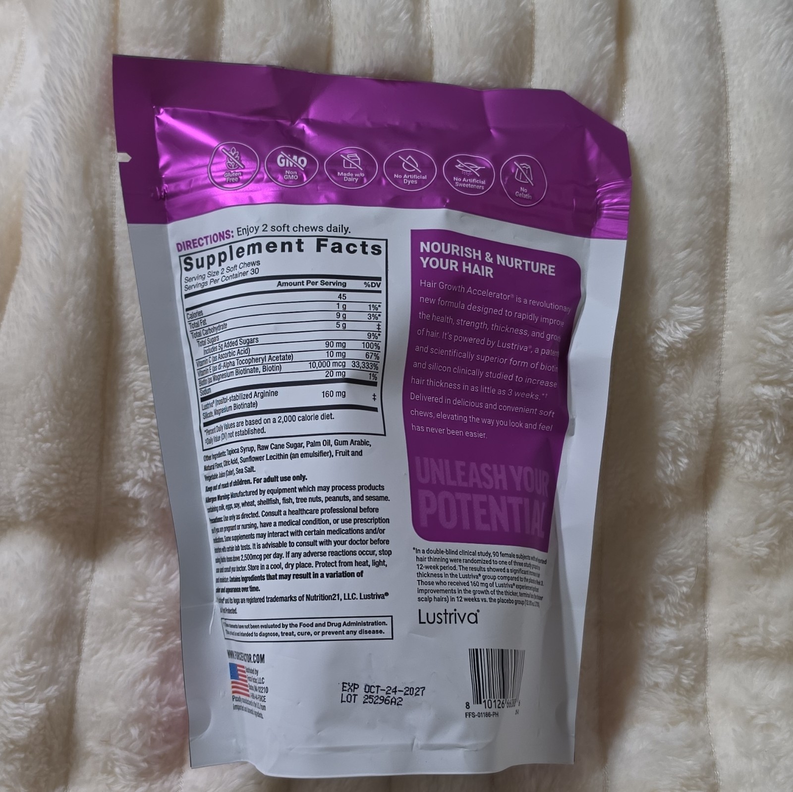 Force Factor Hair Growth Accelerator Lustriva Mixed Berry 60 Chewables
