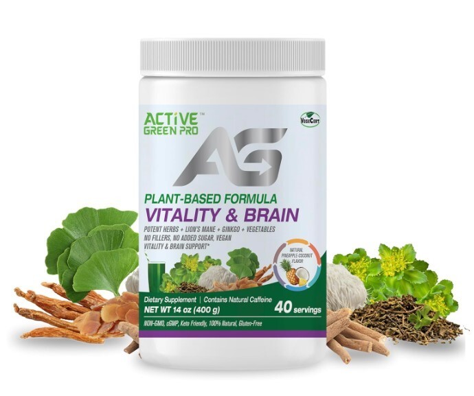 Active Green Pro Vitality & Brain Powder, Blend of Synergistic Herbs/Mushrooms/V