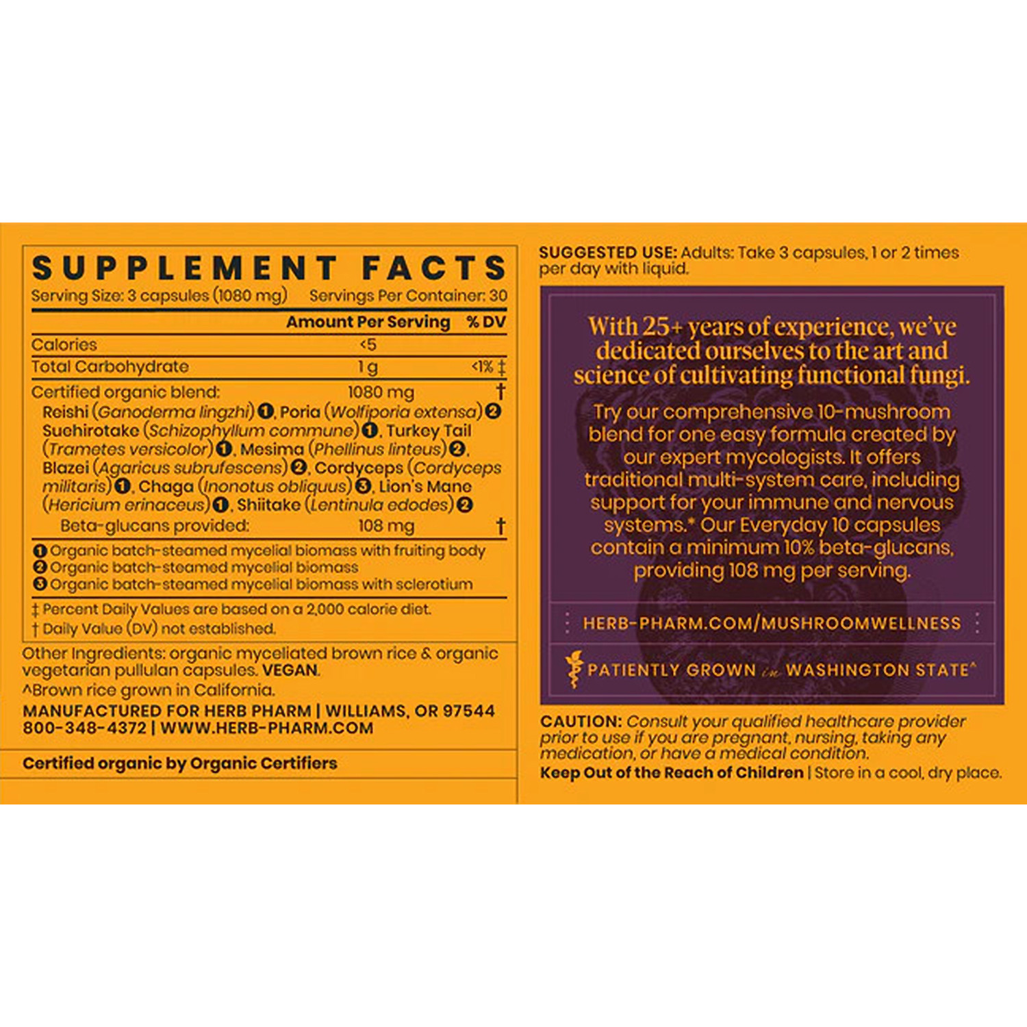 Herb Pharm,Mushroom Wellness Everyday 10,Organic Broad Spectrum,90Veg Caps