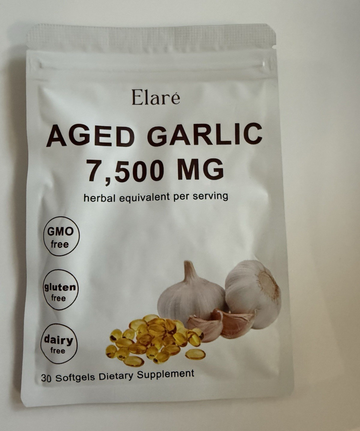 Elaré Odorless Aged Garlic 7,500mg Softgels 30 ct Heart Health Exp 11/2027