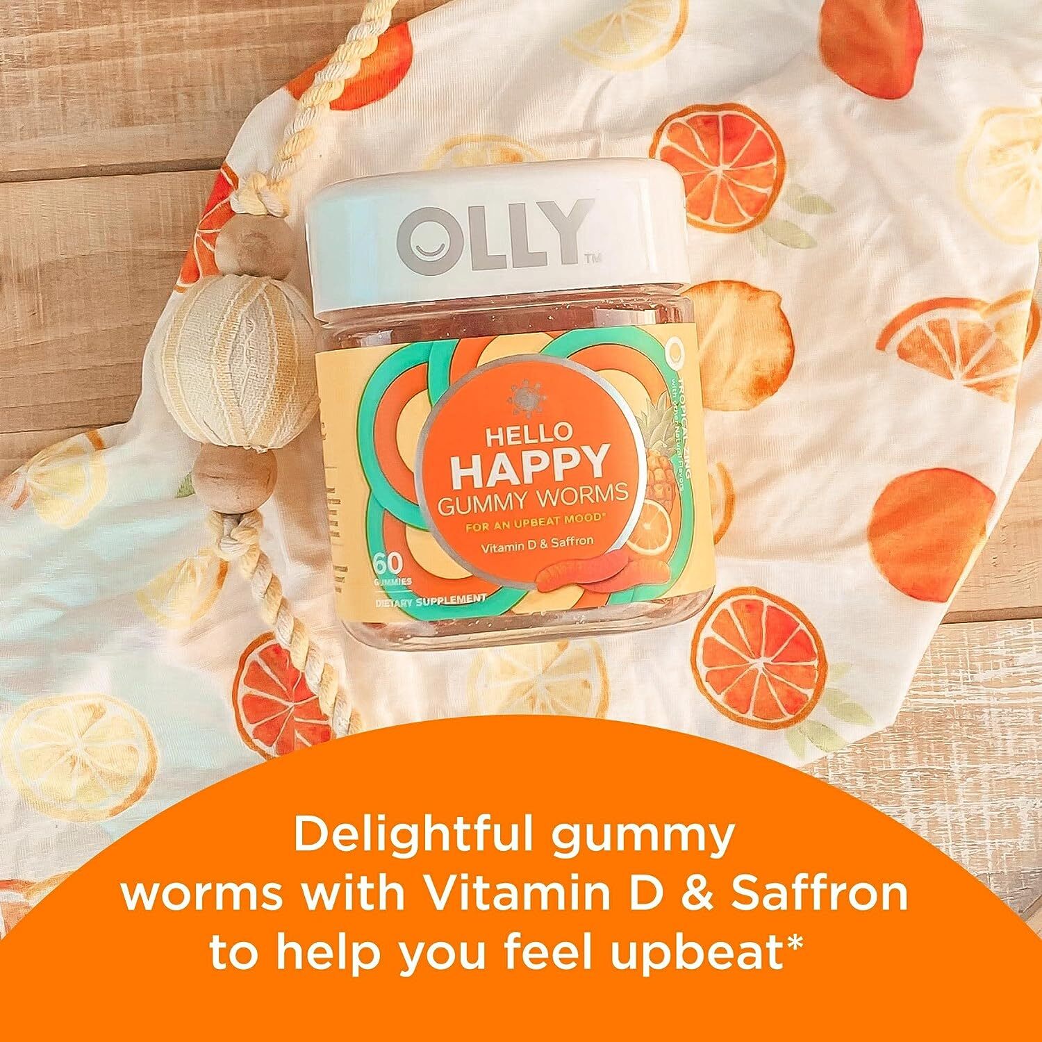 OLLY Hello Happy Gummy Worms, Mood Balance Support, Vitamin D, Saffron 60 Count