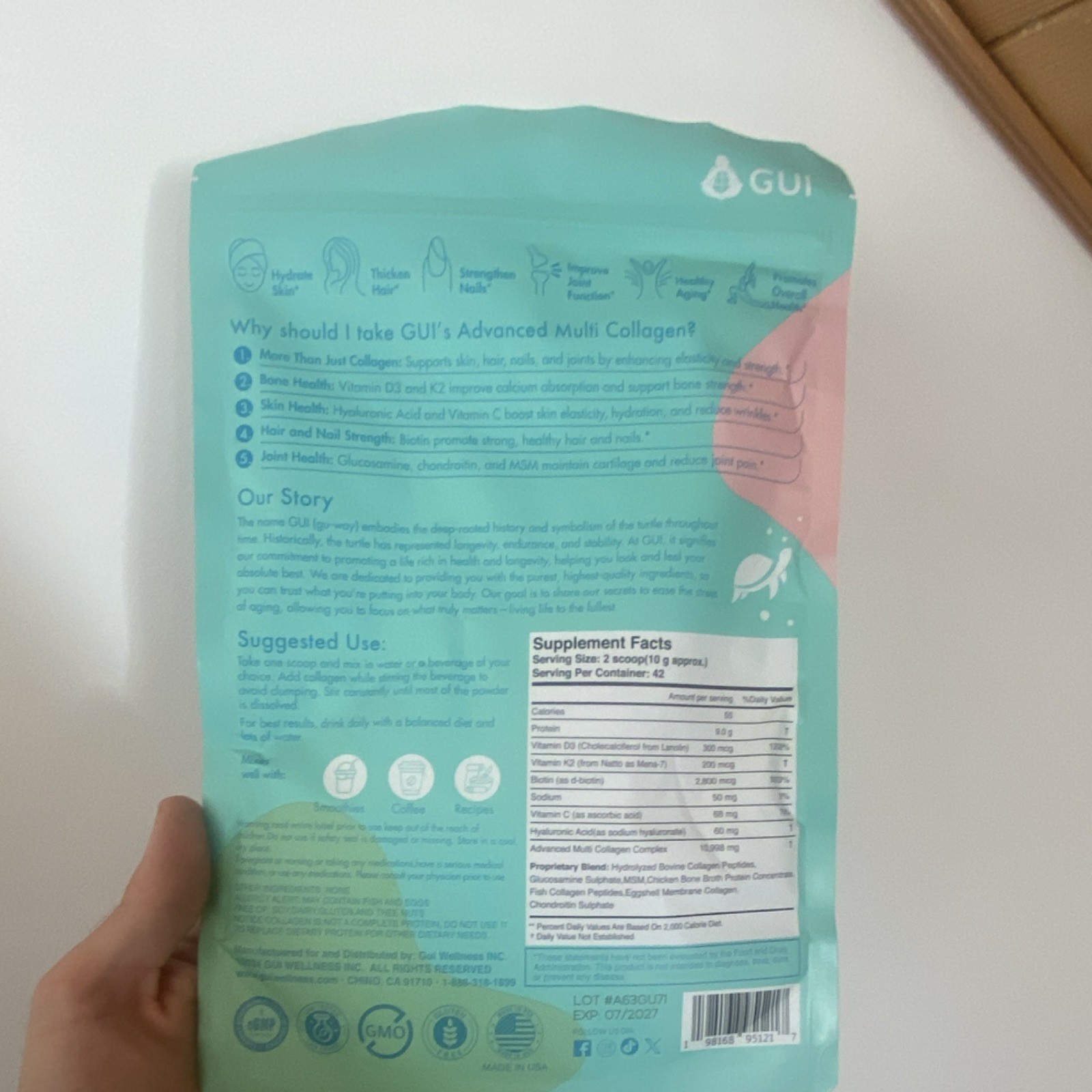 GUI Multi Collagen Peptides Powder Unflavored Vitamin D3 K2 Biotin 1lb