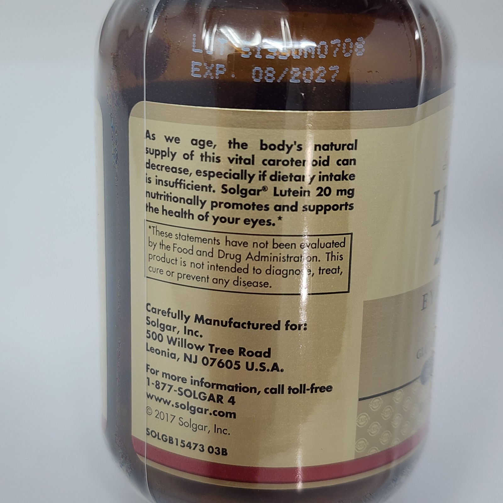 Solgar Lutein 20 mg, 60 Softgels Exp 08/2027