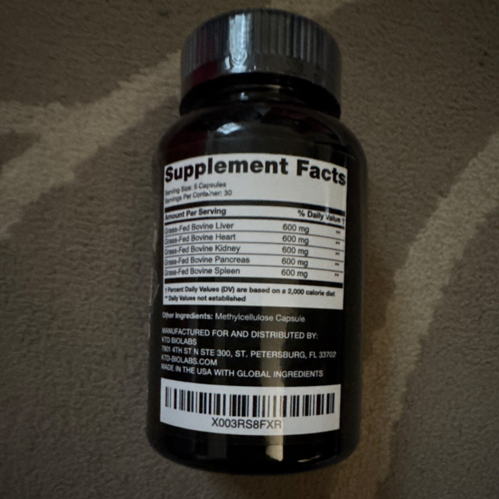 KTD Biolabs Pasture Raised Grass-Fed Beef Organs 150 Capsules