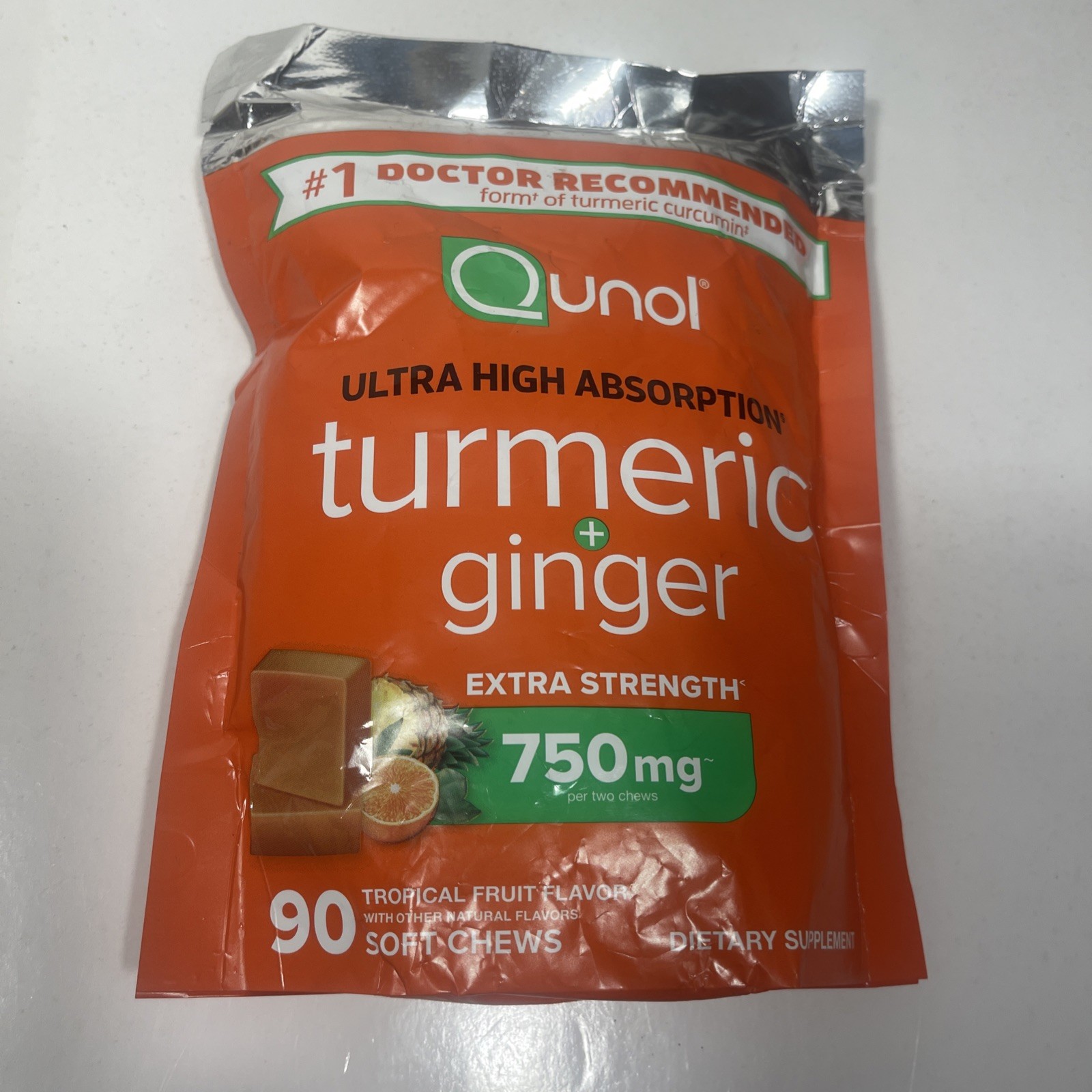 12c) Qunol Turmeric + Ginger 750 mg Fruit Flavor 90 Soft Chews Exp 07/26