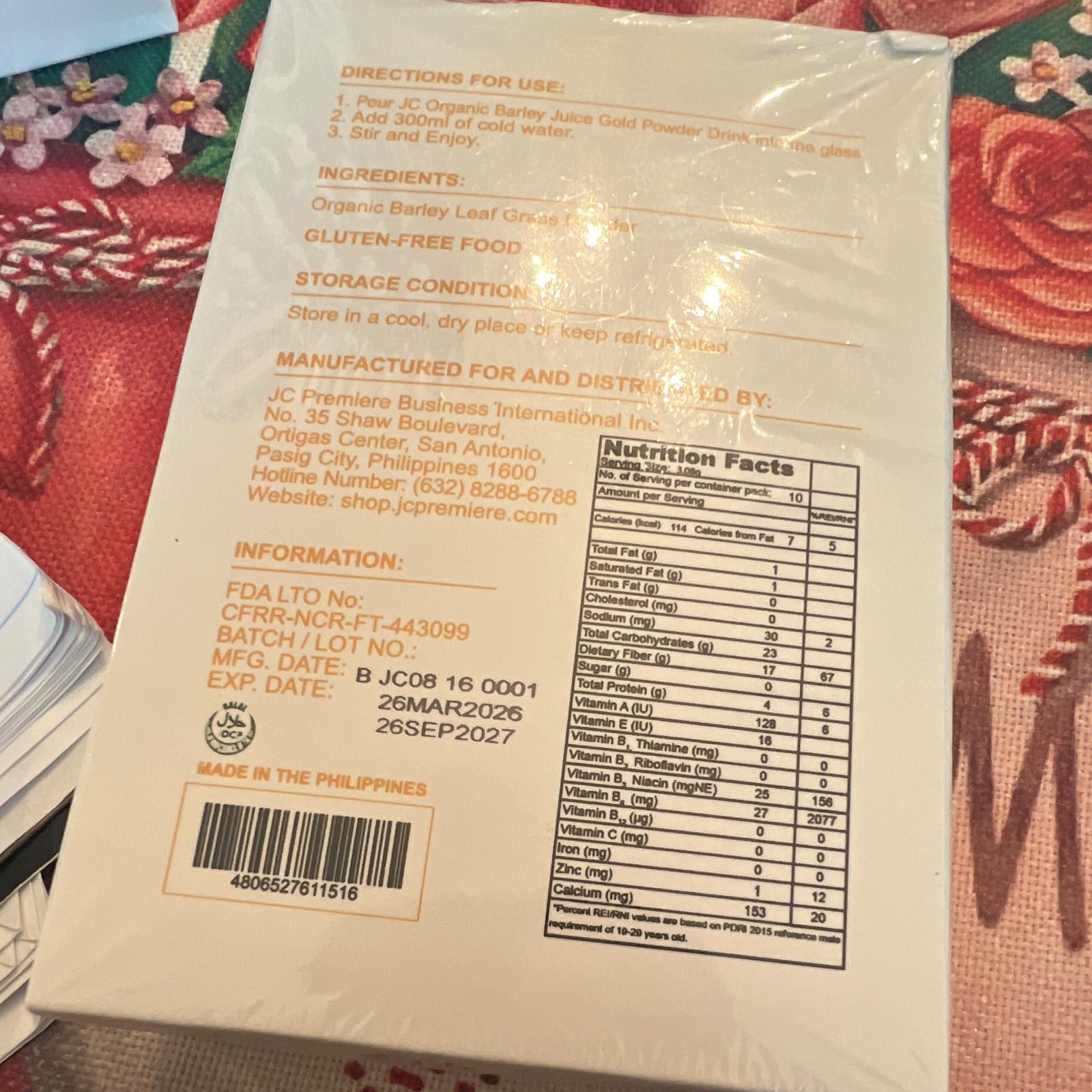 JC Organic Barley Leaf Juice Powder Drink Neutral Gluten-Free 10 Sticks 30.8g