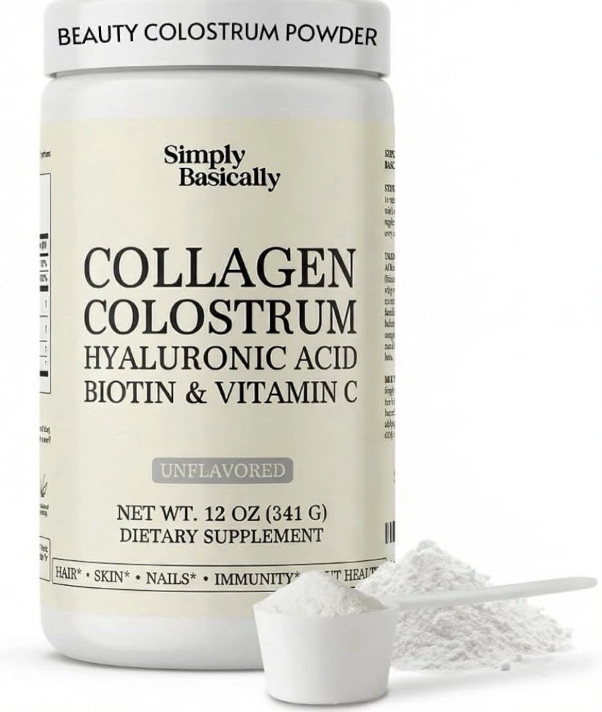 Simply Basically Collagen Colostrum Biotin Unflavored Powder Supplement 12 oz
