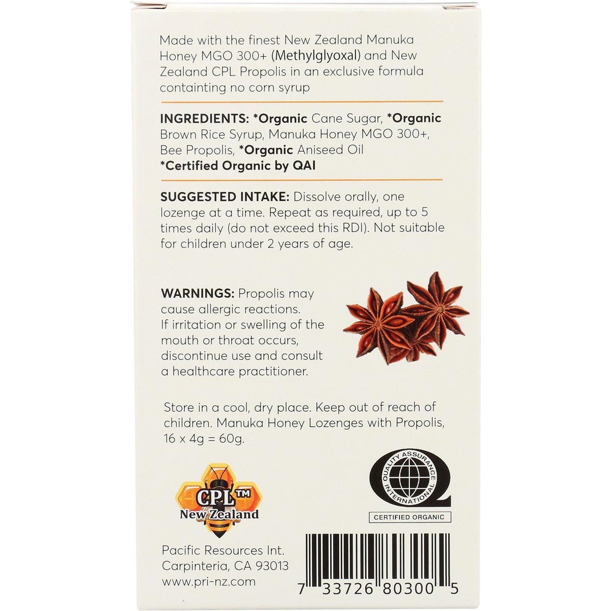 Pacific Resources Intl Propolis Manuka Honey Aniseed Lozenges 16 Rice 4G 1 Pack