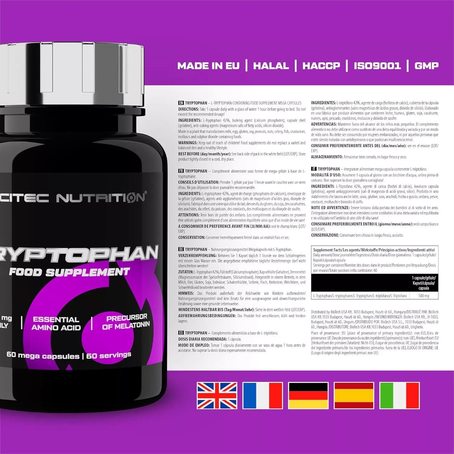 TRYPTOPHAN – 60-180 Capsules – Best Serotonin Boost Good Mood Appetite Blocker