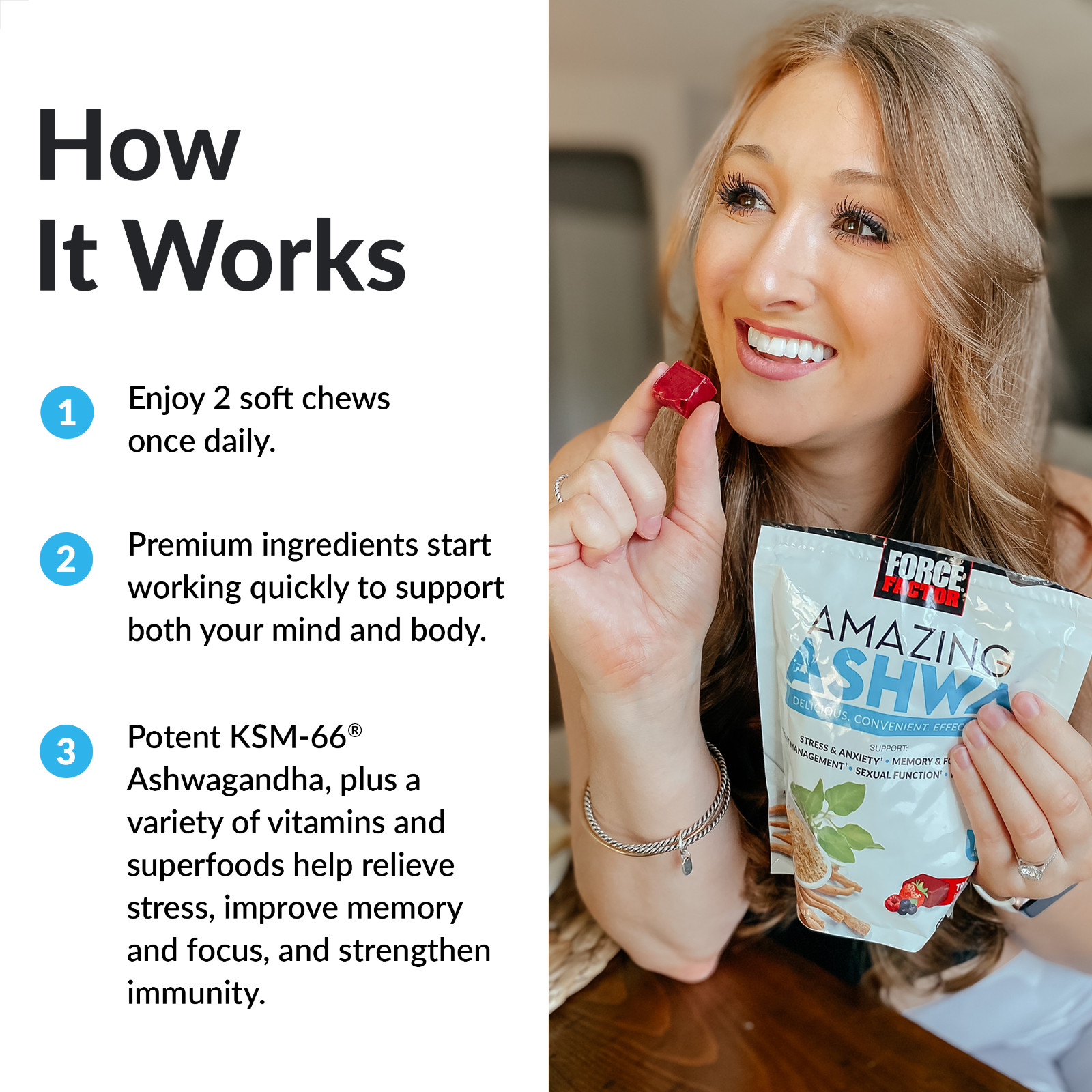 Force Factor Amazing Ashwa Soft Chews w/ KSM-66 Ashwagandha for Stress Support