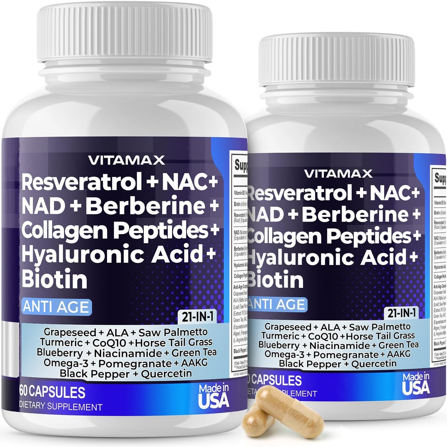Resveratrol NAD+ Berberine Hyaluronic Acid – Biotin 60 Count (Pack of 2)