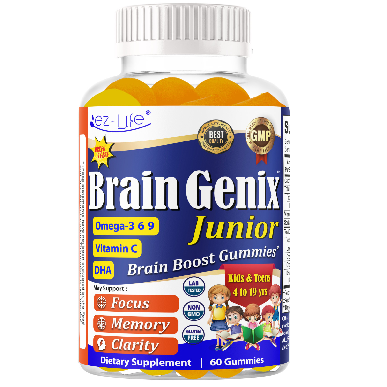 Brain Booster Focus Kids &Teens Gummies, Omega 3 DHA Memory Supplement 60Ct