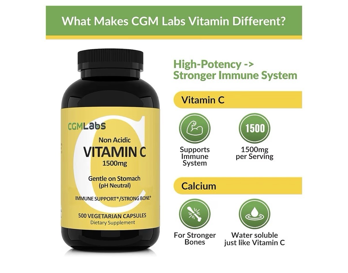 CGMLABS Non Acidic Vitamin C 1500mgDietary Supplement with Calcium 500 Capsules