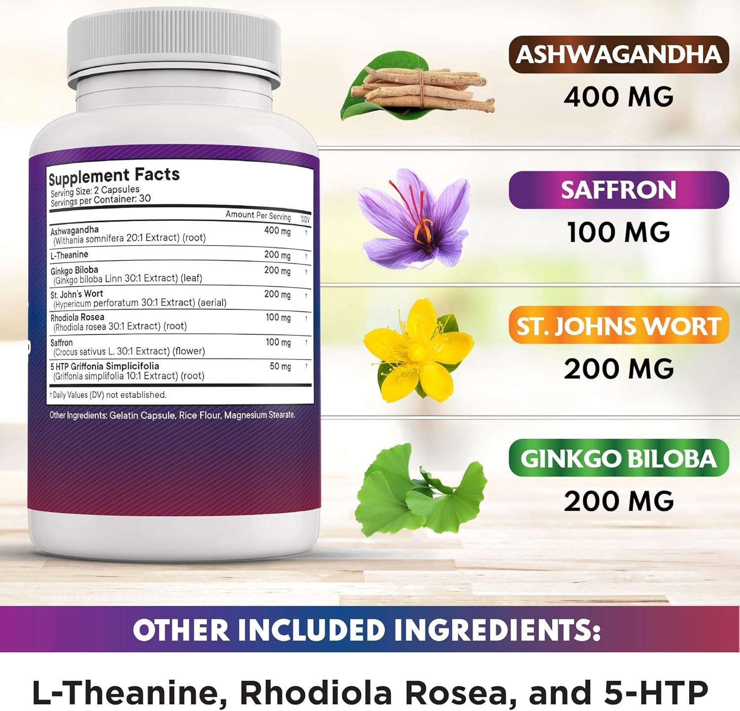 NEW AGE Saffron Ashwagandha L-Theanine Ginkgo 5-HTP Rhodiola 120 Count (2 Pack)