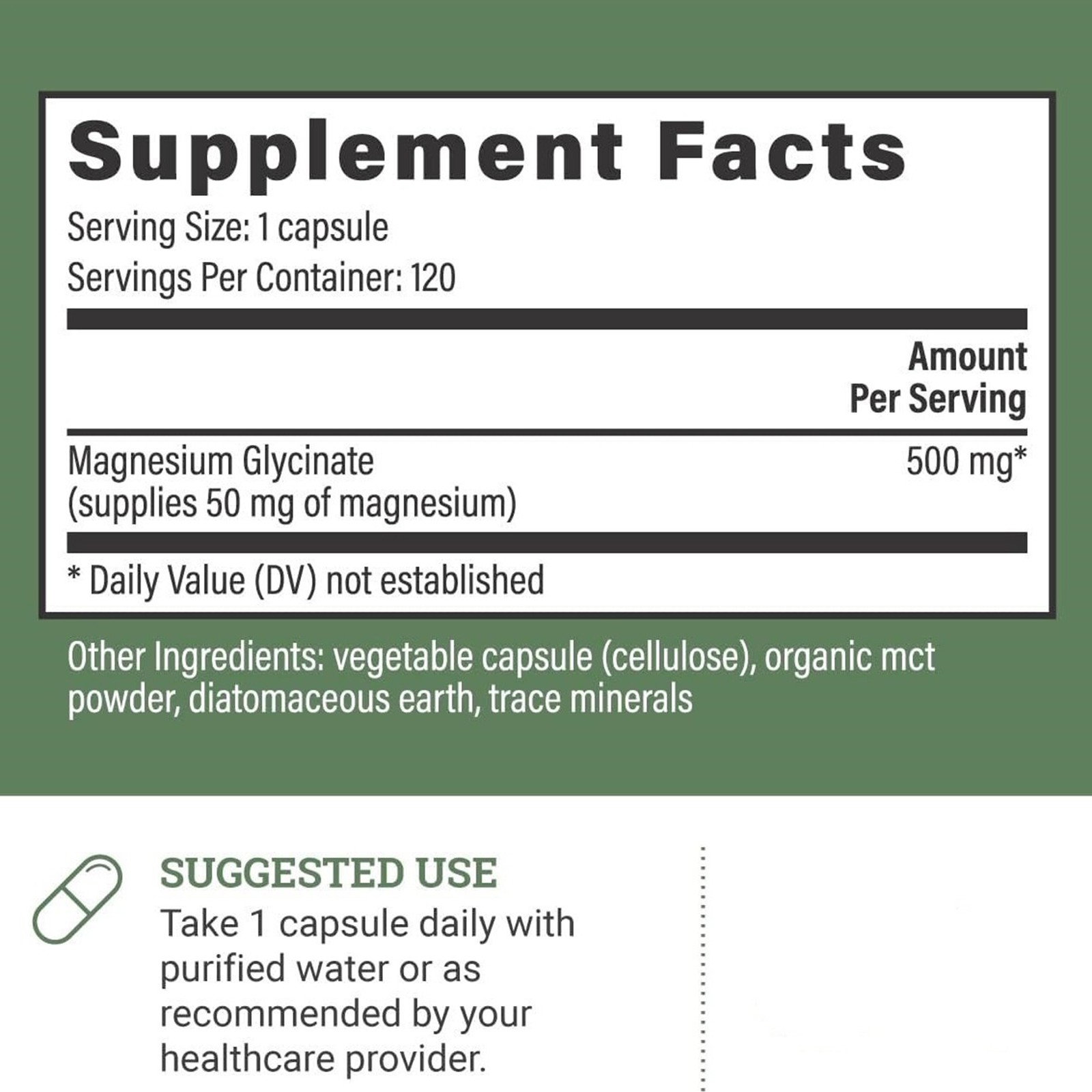 Earth Harmony Pure Chelated Magnesium Glycinate – Mg 500 120 Gelatin Capsules.