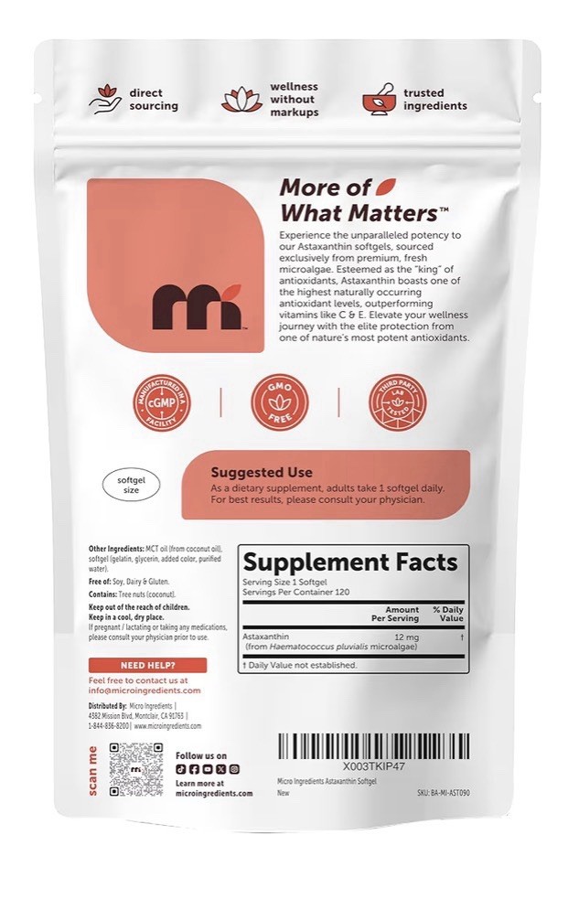 Micro Ingredients Astaxanthin 12mg From Microalgae Triple Strength 120 Softgels