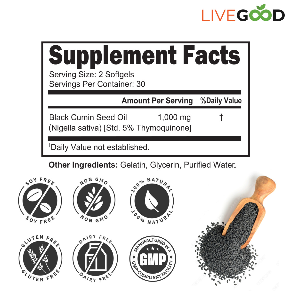 Black Seed Oil Softgels 1000mg 5% Thymoquinone Cold Pressed Organic 60ct