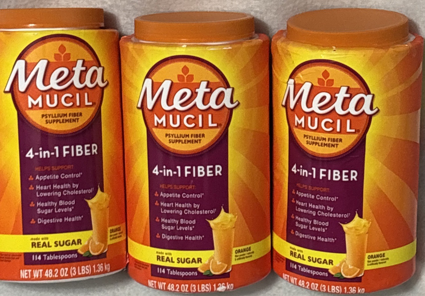 Metamucil 4-in-1 Fiber Powder-Orange Flavor-48.2 Oz(3 Lb) ea. Lot of 3-EX2028