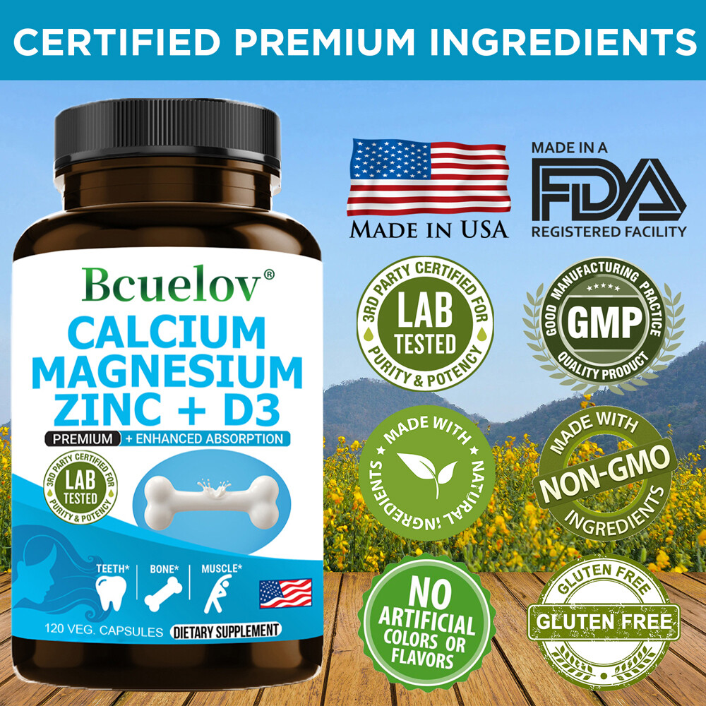 Magnesium, Zinc, Calcium Vitamin D3 Capsules for Bone, Teeth & Muscle Health