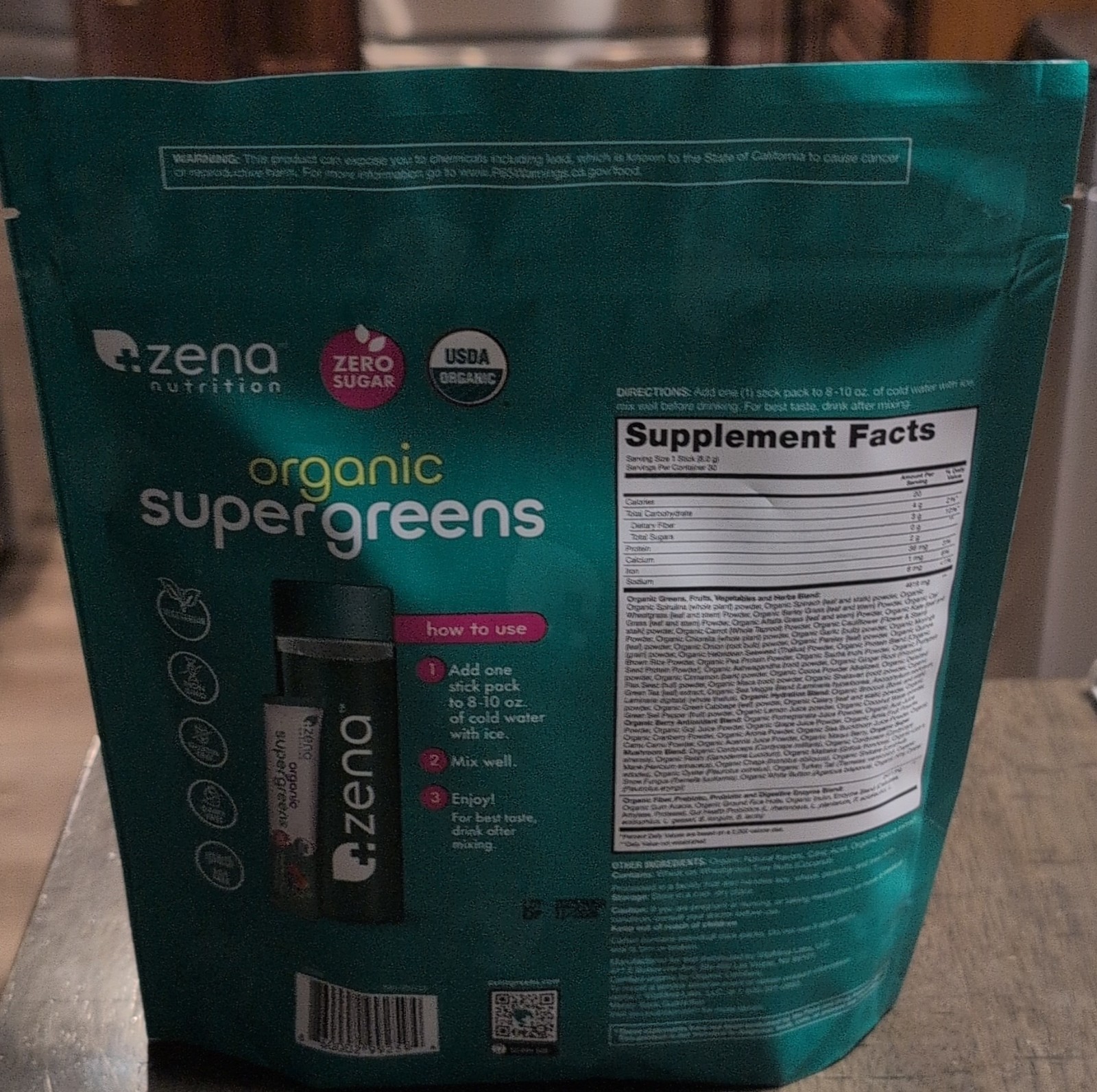 Zena Nutrition Organic Supergreens Powder USDA Organic Zero Sugar Mixed Berry 30