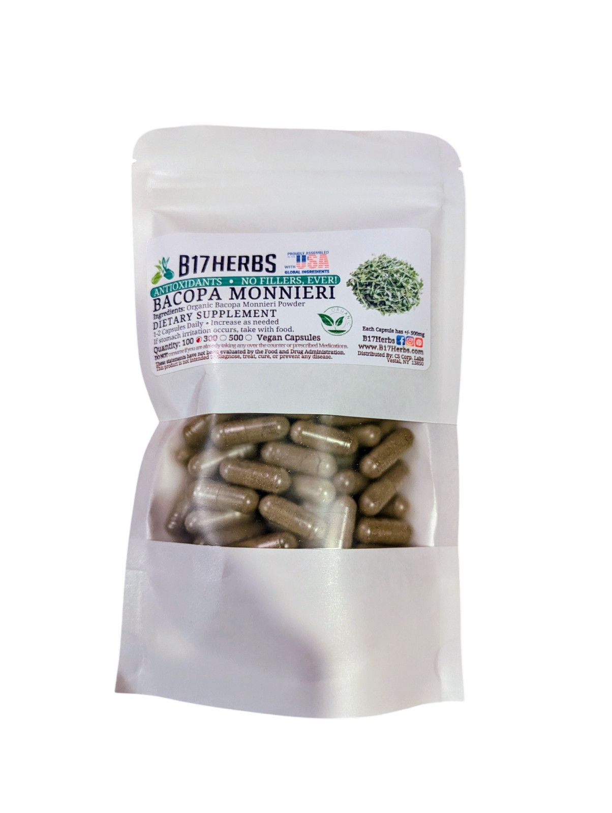 Bacopa Monnieri Veggie Capsules – No Fillers – 100 ct., 500mg