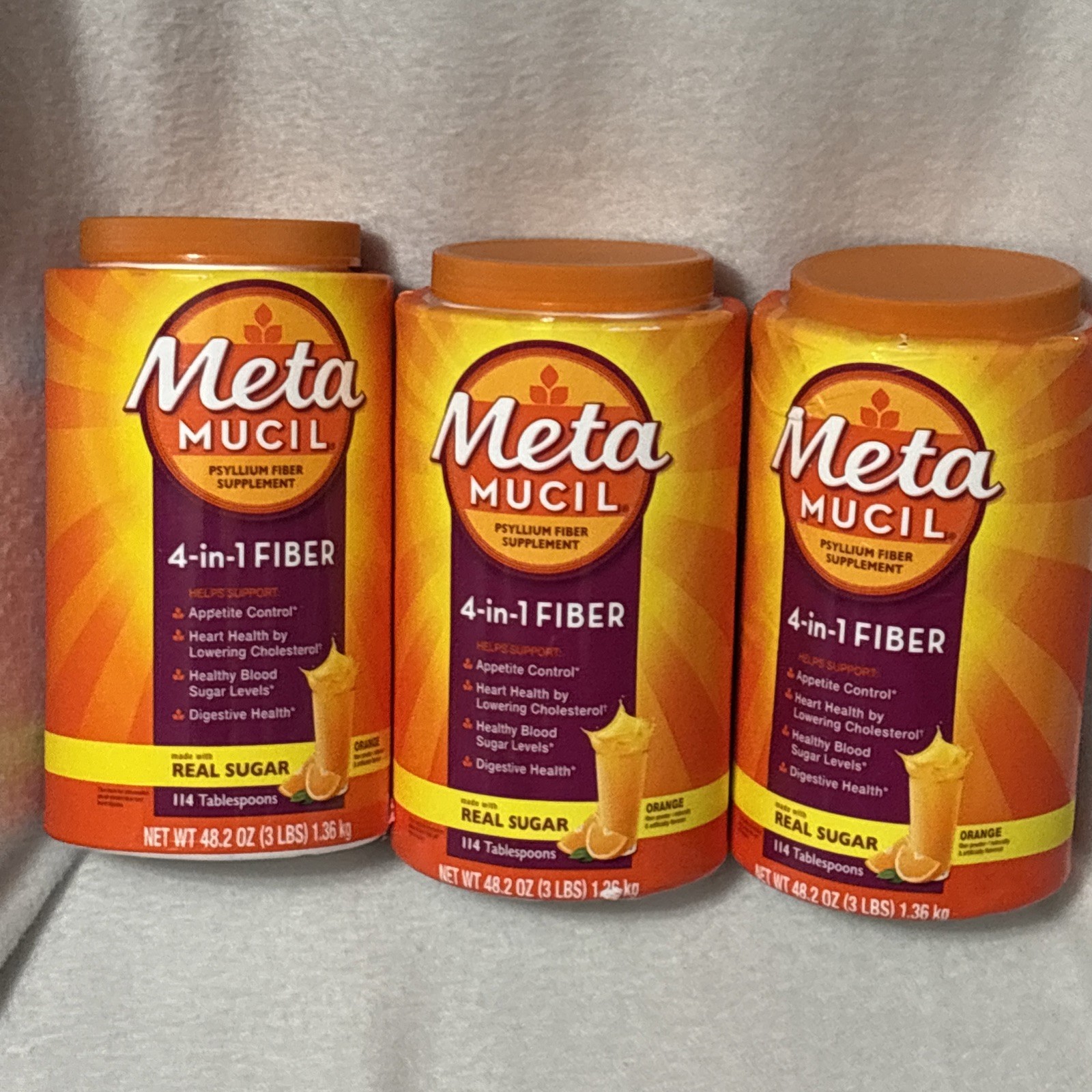 Metamucil 4-in-1 Fiber Powder-Orange Flavor-48.2 Oz(3 Lb) ea. Lot of 3-EX2028