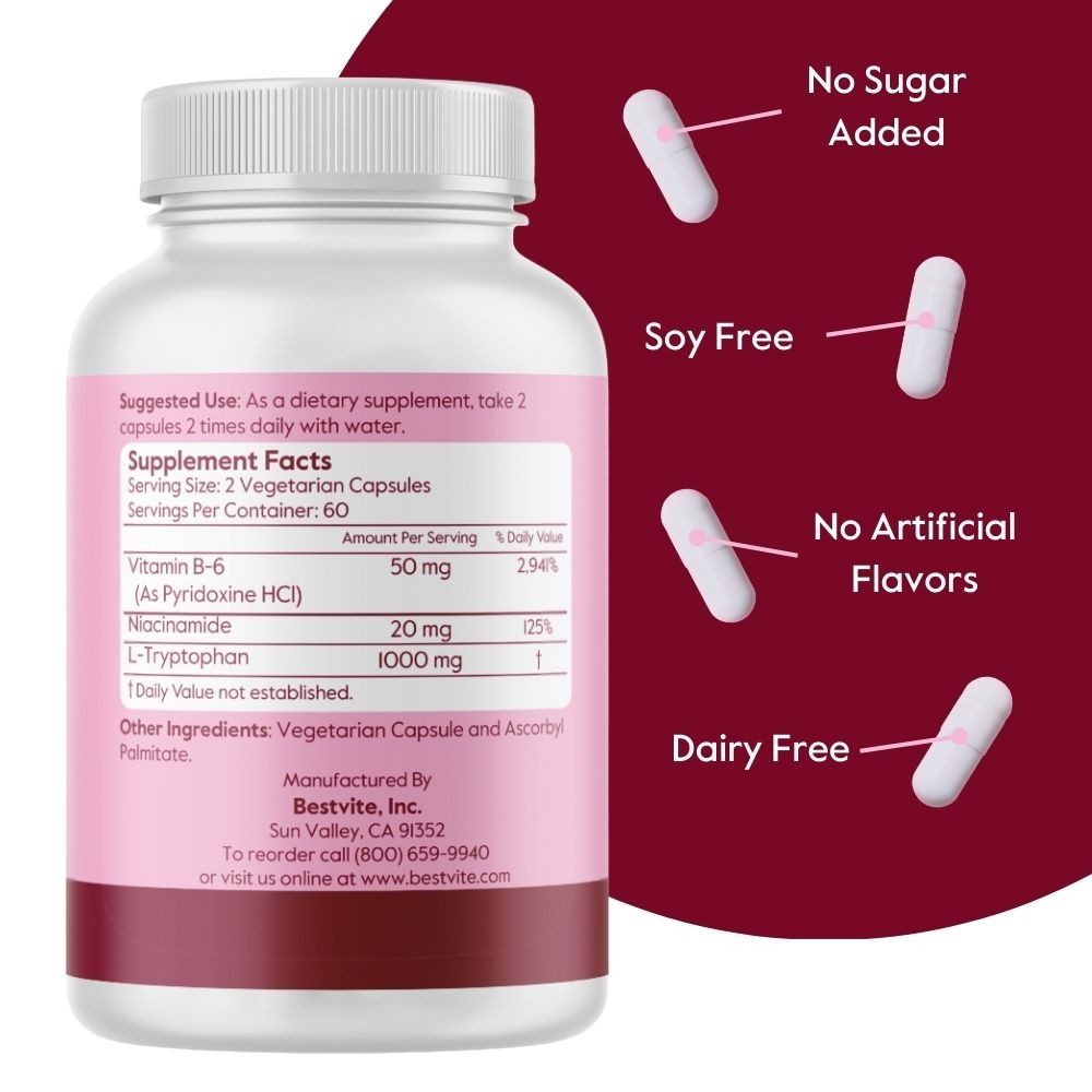 L-Tryptophan w/ B3 & B6 500mg (120 Vegetarian Capsules) -No Stearates