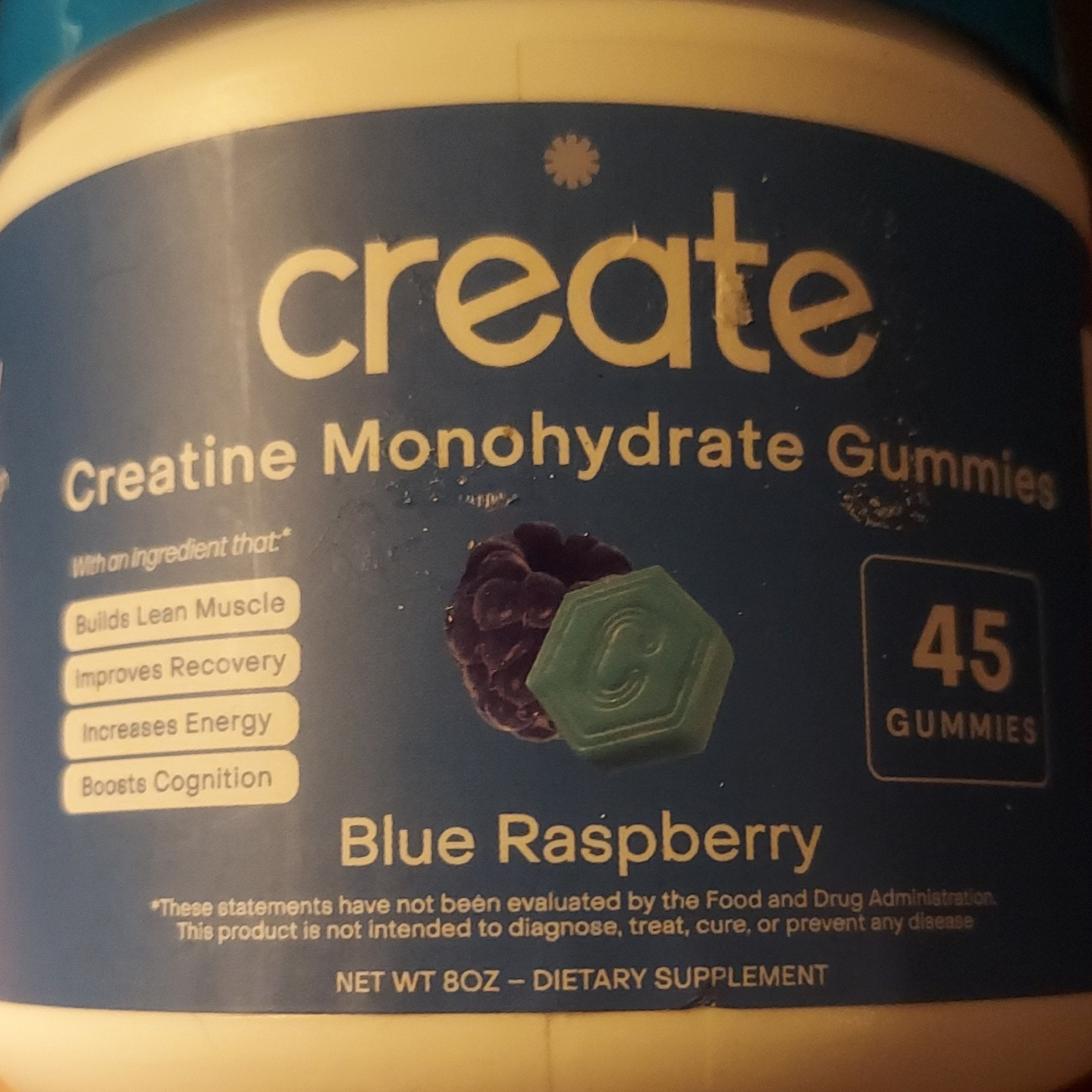 Create Creatine Monohydrate Gummies 45ct Blue Raspberry Non-GMO Gluten-Free 8oz
