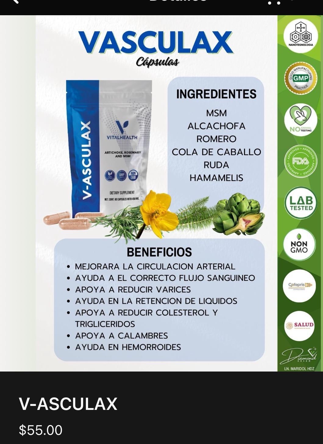 Vital Health V-ASCULAX 60 Capsules w/ Artichoke, Rosemary, MSM EXP 2/2027