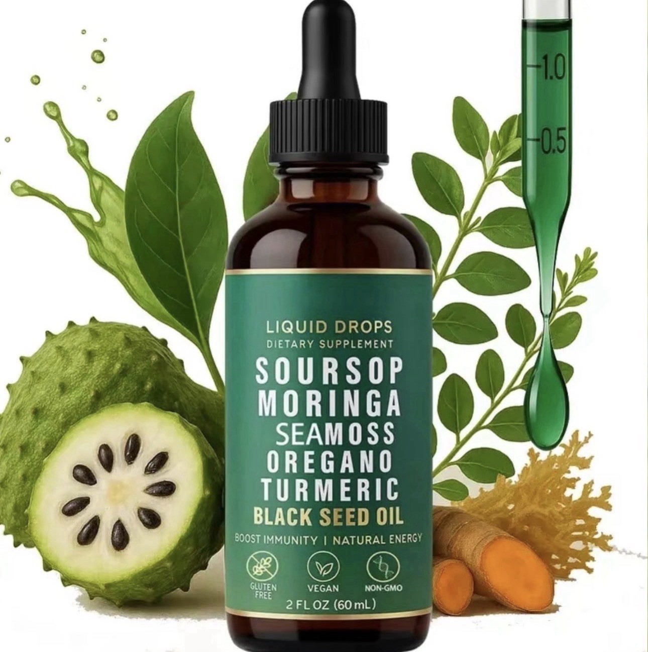 Soursop Moringa Seamoss Oregano Turmeric Liquid Drops Vegan Non-GMO 2 fl oz