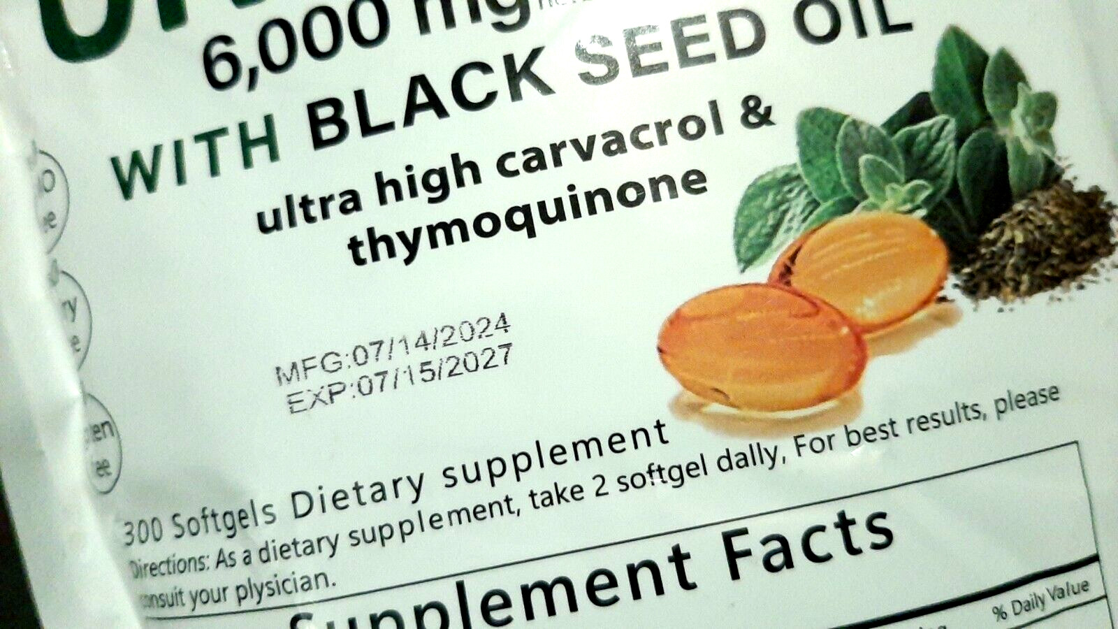 Bayland Oil of Oregano 6,000mg w/ Black Seed Oil 300 Softgels 7/2027