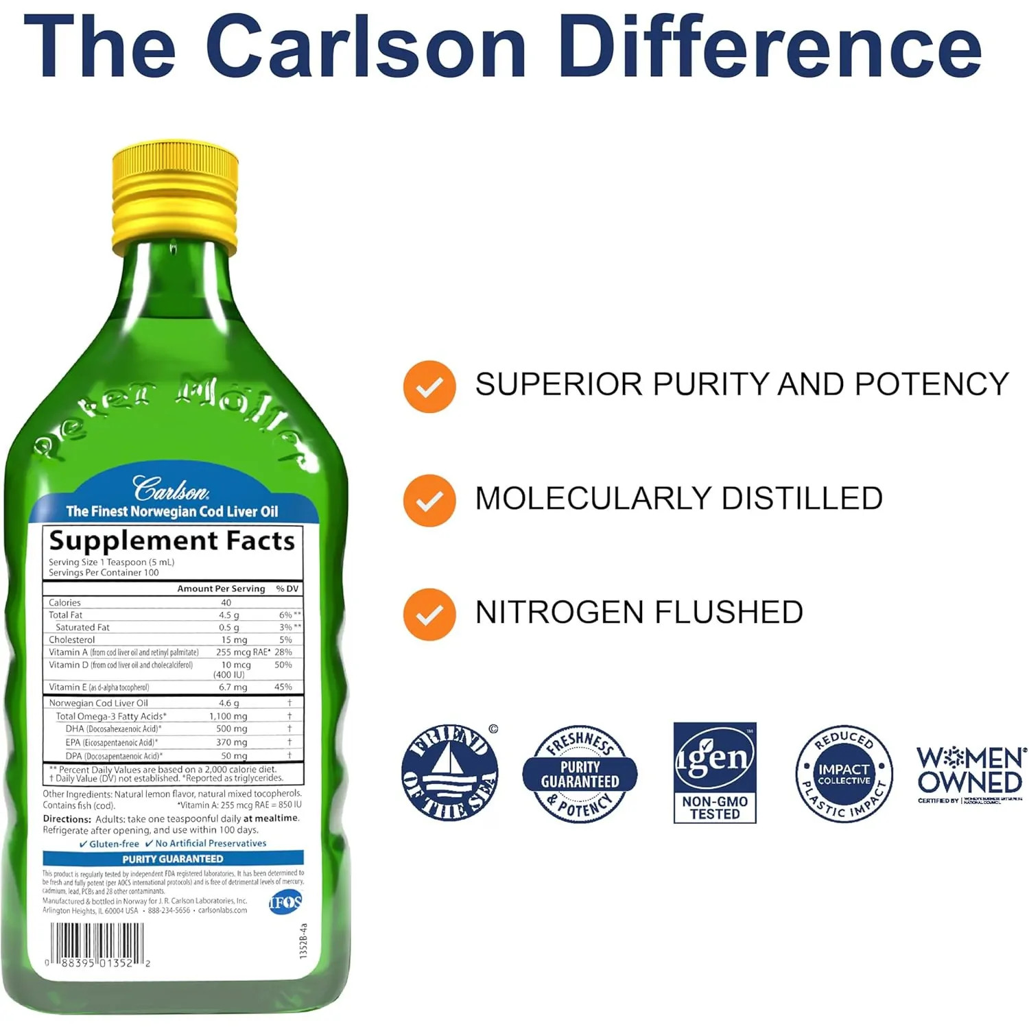 Carlson Labs Cod Liver Oil, Lemon Flavor, 16.9 Ounces