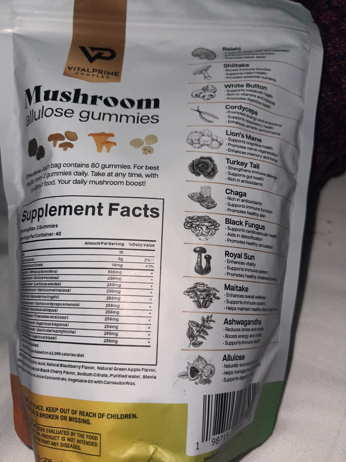 Vital Prime Ashwagandha & Mushroom Gummies Allulose Sweetener 80ct EXP 08/2026