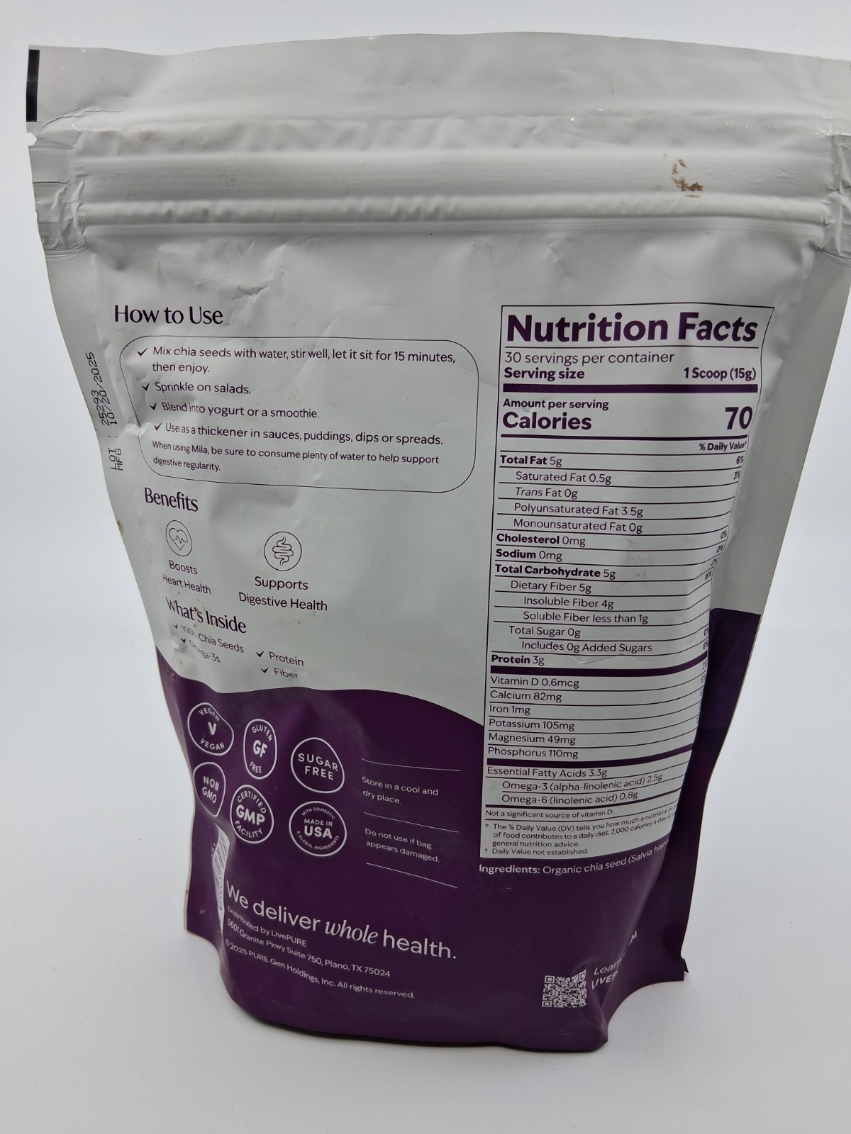 LivePURE – Mila Micro Sliced Chia Seeds – 16 oz MFG: 10/2025 SEALED