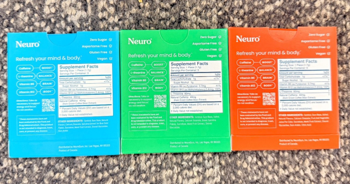 Neuro Gum L-theanine B-12 Nootropics Caffeine 3 pk 27 pcs Boost Energy & Focus