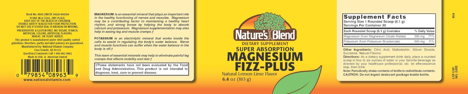 Nature’s Blend Magnesium Fizz Plus Lemon Lime Flavor 6.4Oz Gluten Free Powder